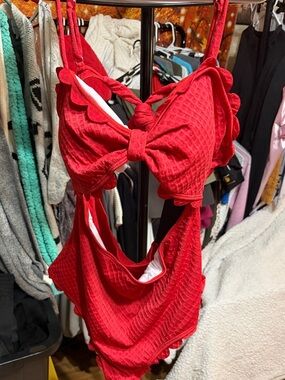 Vibrant Red Scallop-Trim One-Piece Swimsuit with Bow Front
